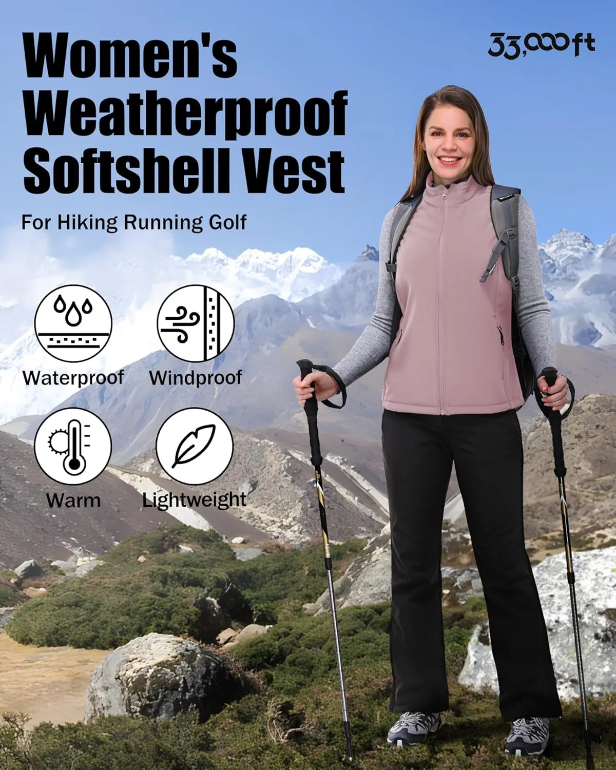 33,000ft Women's Running Vest Fleece Lined Zip Up Windproof Lightweight Softshell Vests Outerwear for Golf Hiking Sports