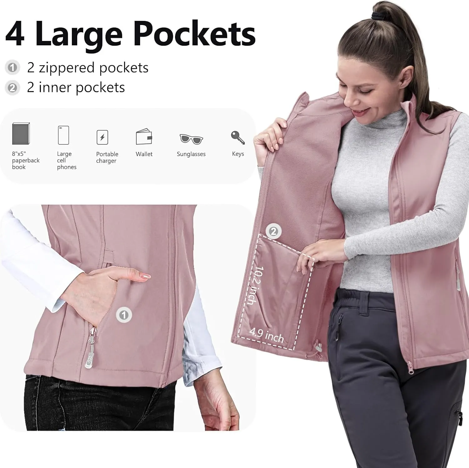 33,000ft Women's Running Vest Fleece Lined Zip Up Windproof Lightweight Softshell Vests Outerwear for Golf Hiking Sports