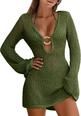 ANRABESS Women Beach Crochet Cover Ups Summer Knit Swimwear Mesh Bathing Suit Hollow Out Dress 2025 Vacation Swimsuit