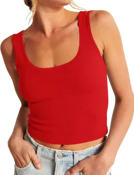 Artfish Women's Scoop Neck Sleeveless Knit Ribbed Fitted Casual Crop Tank Top