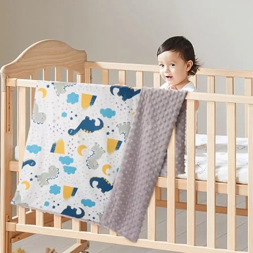 BQUBO Baby Blankets Unisex Boys Girls Nursery Soft Double Layer Printed Bed Throws with Dotted Fleece Blankets for Newborns Toddler Bed Blanket Stroller Crib Shower Gift Cartoon Dinosaurs 40 * 30 Inch