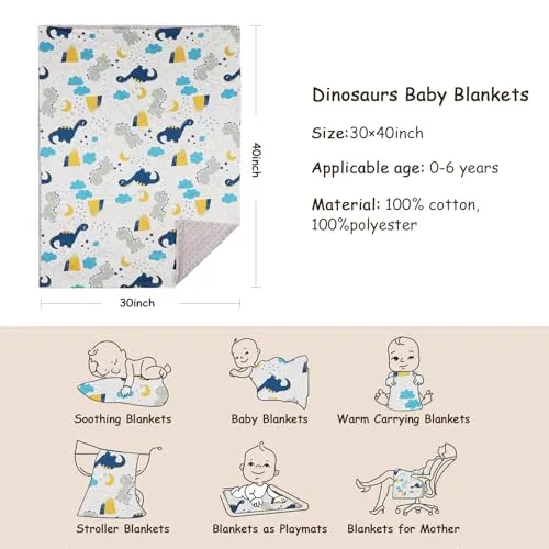 BQUBO Baby Blankets Unisex Boys Girls Nursery Soft Double Layer Printed Bed Throws with Dotted Fleece Blankets for Newborns Toddler Bed Blanket Stroller Crib Shower Gift Cartoon Dinosaurs 40 * 30 Inch