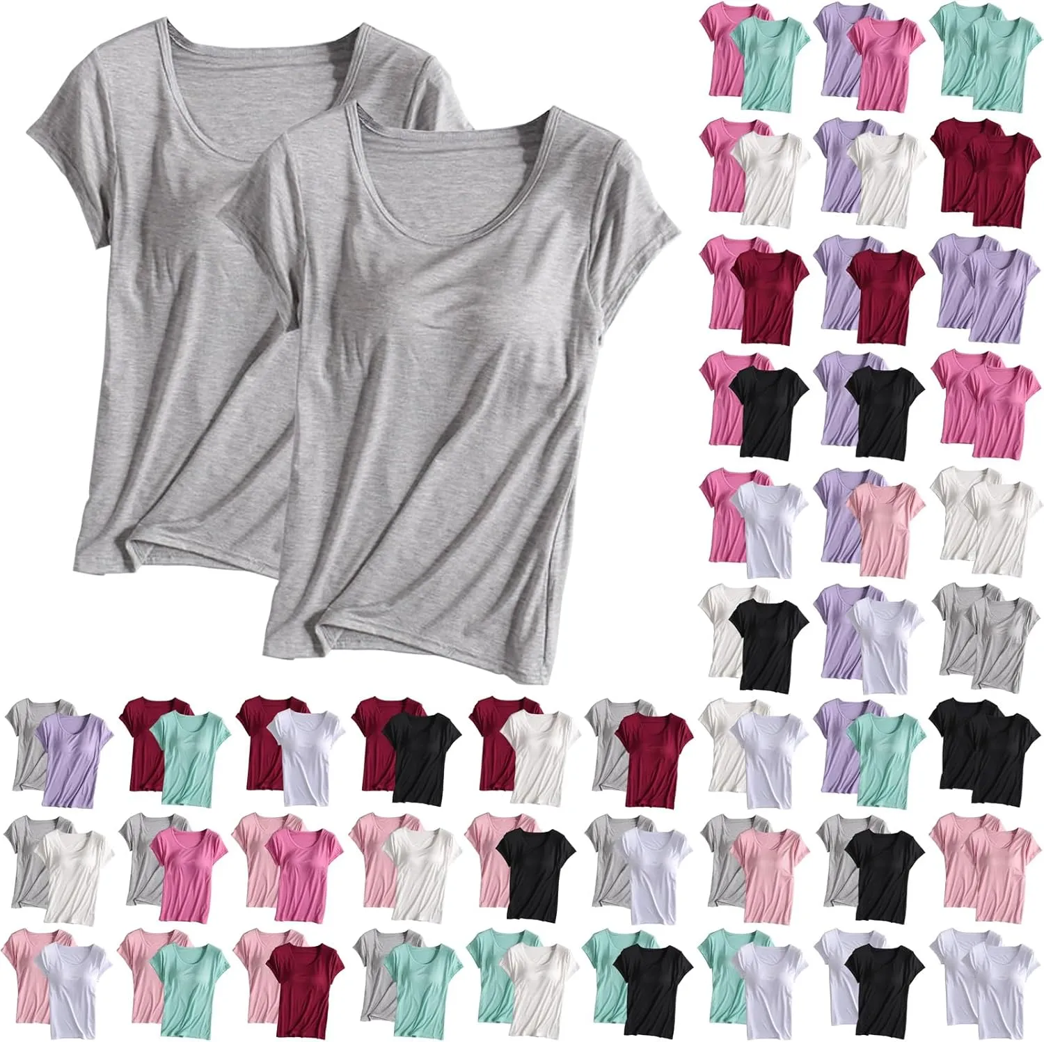 Built in Bra Tops for Women Padded Active Yoga T-Shirt Short Sleeve Plain Blouses Pajama Casual Workout Shirts 2 Pack