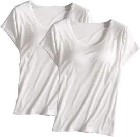 Built in Bra Tops for Women Padded Active Yoga T-Shirt Short Sleeve Plain Blouses Pajama Casual Workout Shirts 2 Pack