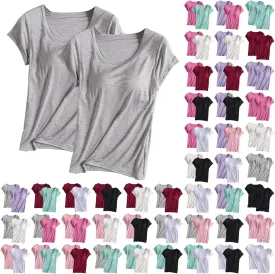 Built in Bra Tops for Women Padded Active Yoga T-Shirt Short Sleeve Plain Blouses Pajama Casual Workout Shirts 2 Pack