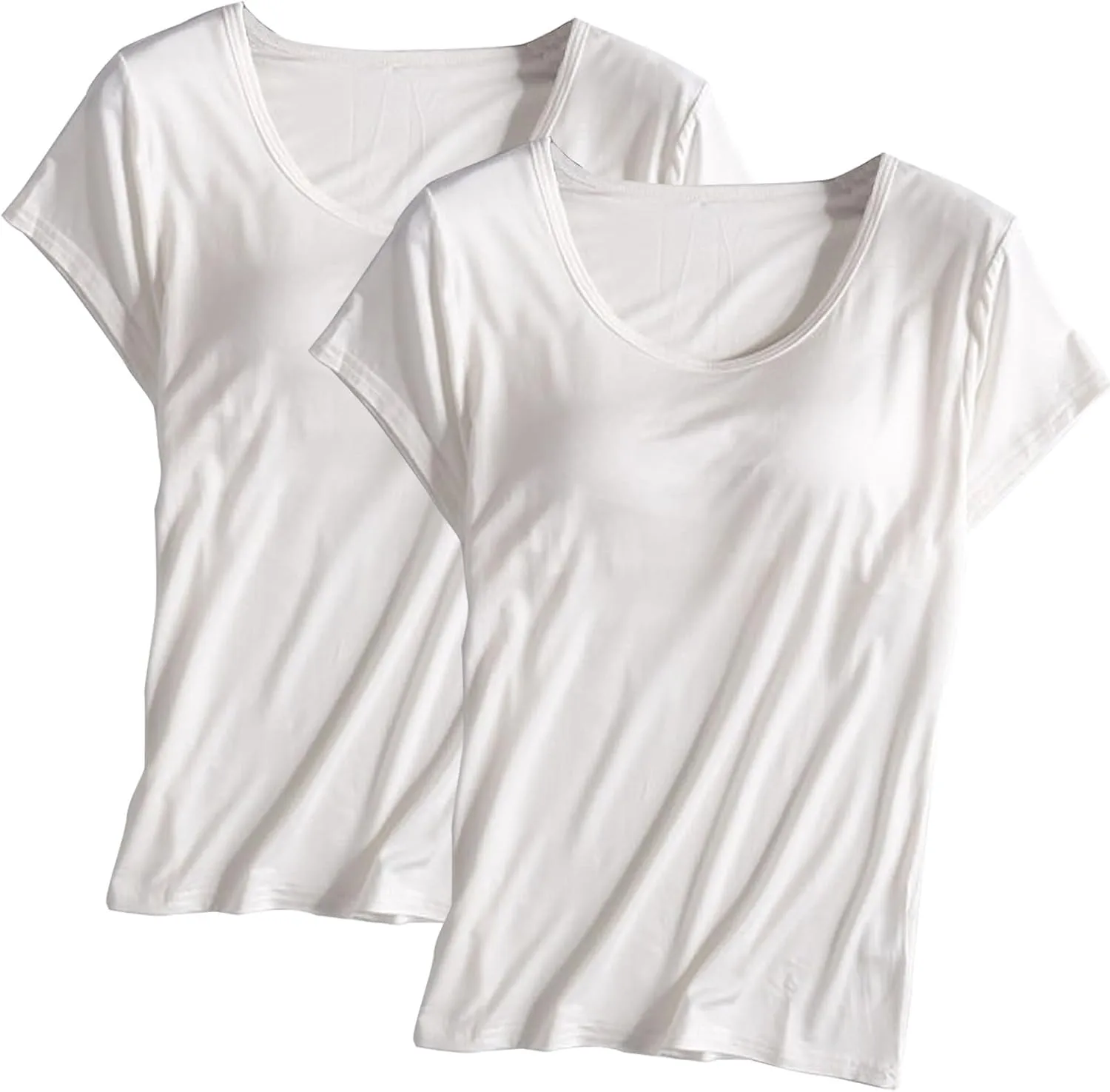 Built in Bra Tops for Women Padded Active Yoga T-Shirt Short Sleeve Plain Blouses Pajama Casual Workout Shirts 2 Pack