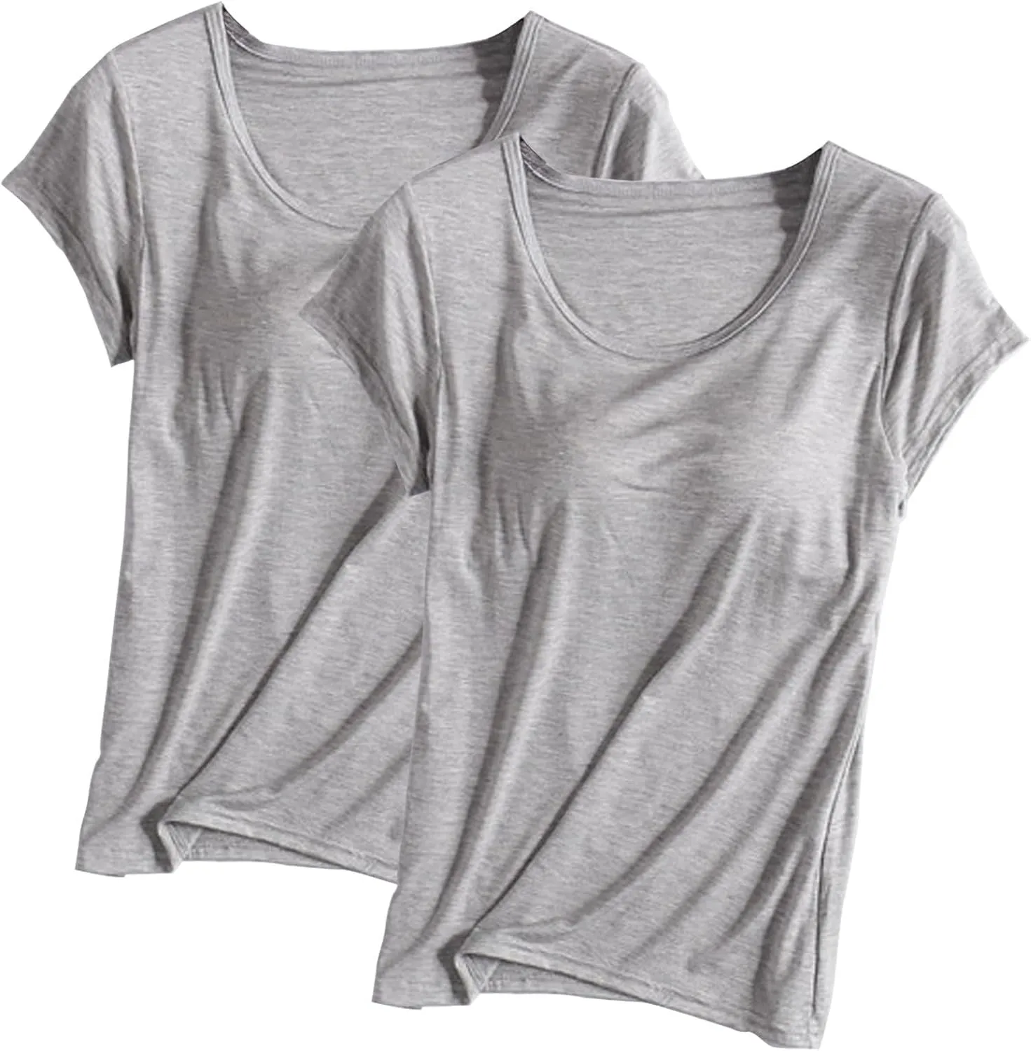 Built in Bra Tops for Women Padded Active Yoga T-Shirt Short Sleeve Plain Blouses Pajama Casual Workout Shirts 2 Pack