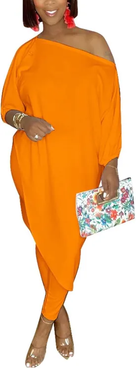 Chatinction Womens Casual 2 Piece Outfit Loose Off Shoulder Irregular Hem Tunic Top Bodycon Pants Tracksuits Set