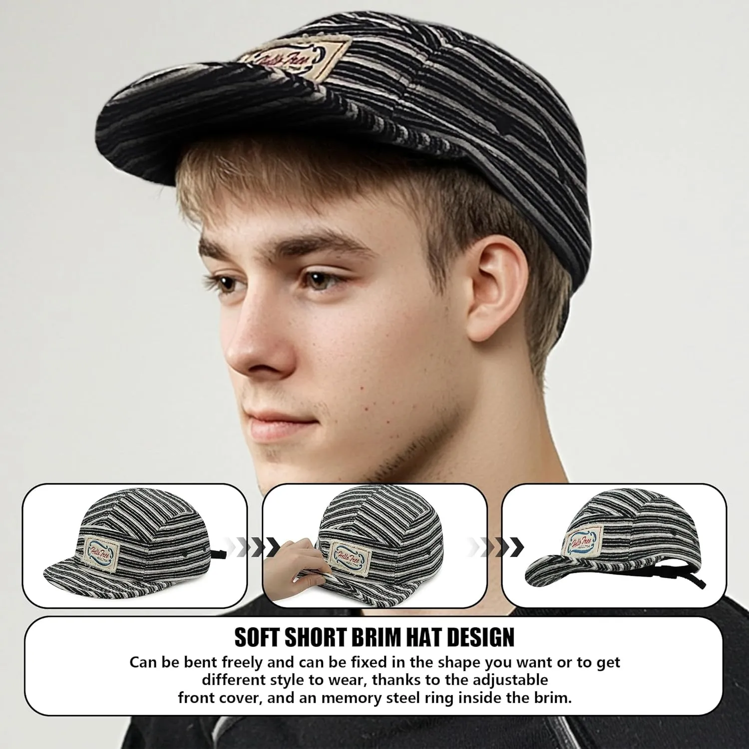 Croogo Short Brim 5 Panel Hat Vintage Striped Style Unisex Baseball Cap with Flat Bill Unstructured Low Profile Hat