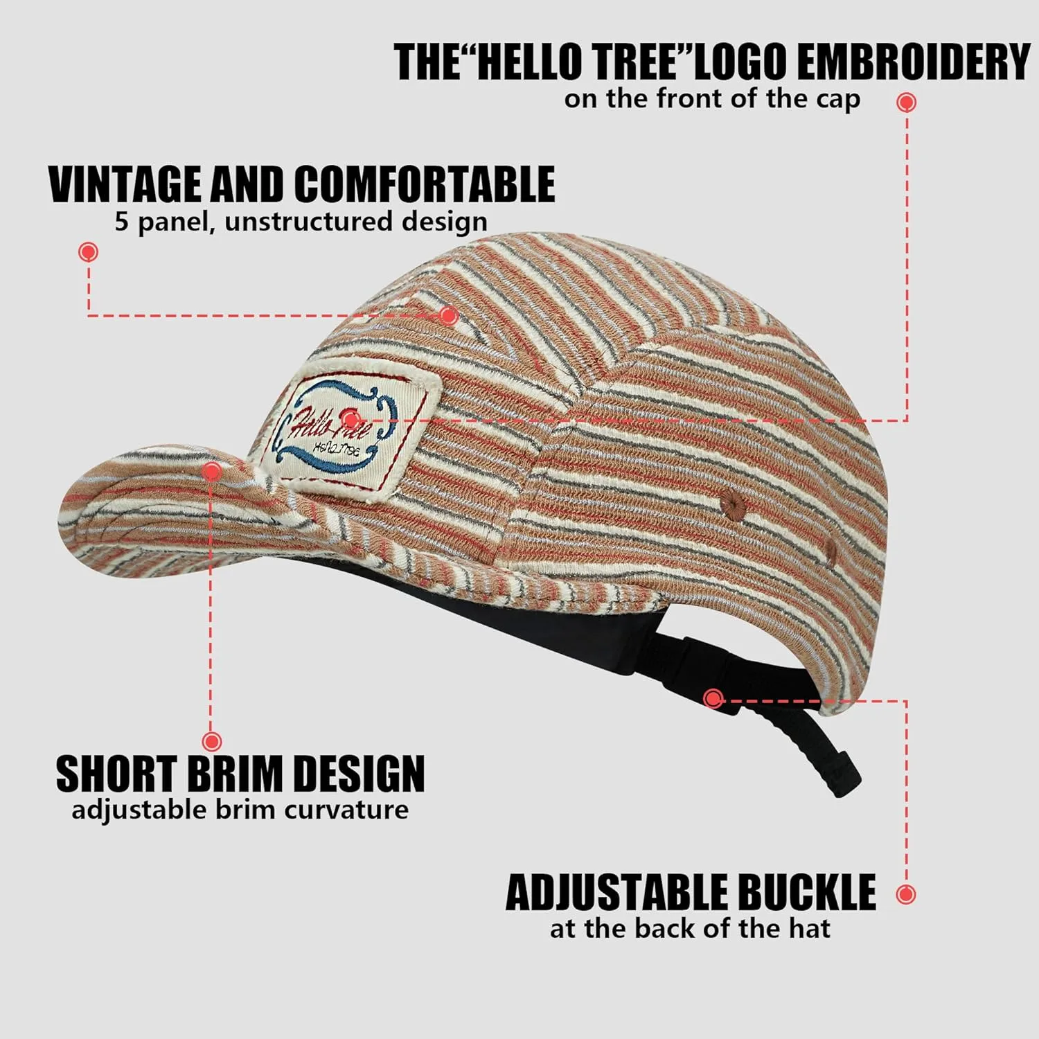 Croogo Short Brim 5 Panel Hat Vintage Striped Style Unisex Baseball Cap with Flat Bill Unstructured Low Profile Hat