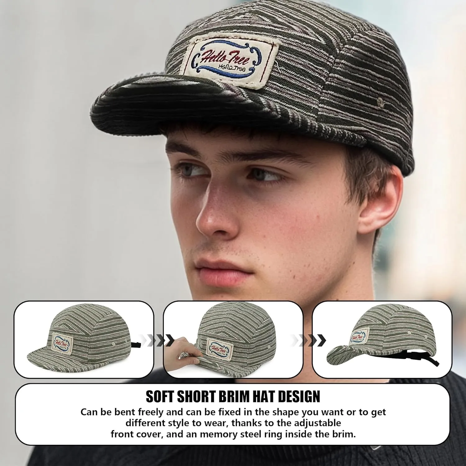 Croogo Short Brim 5 Panel Hat Vintage Striped Style Unisex Baseball Cap with Flat Bill Unstructured Low Profile Hat