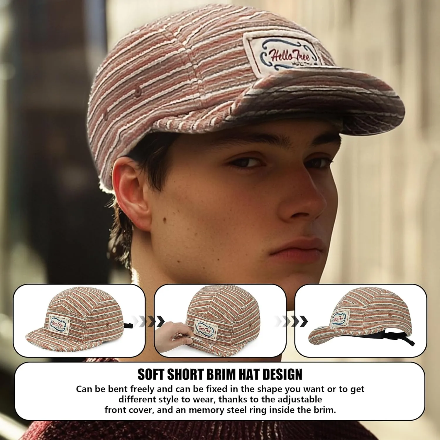 Croogo Short Brim 5 Panel Hat Vintage Striped Style Unisex Baseball Cap with Flat Bill Unstructured Low Profile Hat