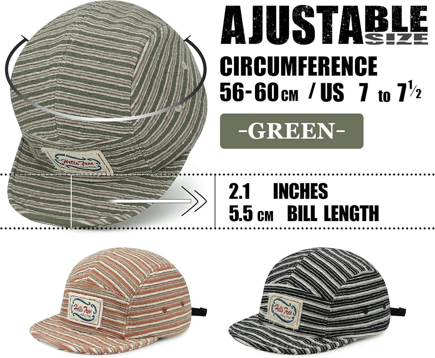 Croogo Short Brim 5 Panel Hat Vintage Striped Style Unisex Baseball Cap with Flat Bill Unstructured Low Profile Hat