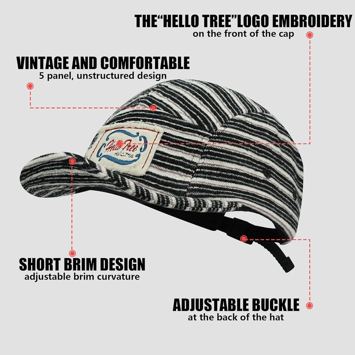 Croogo Short Brim 5 Panel Hat Vintage Striped Style Unisex Baseball Cap with Flat Bill Unstructured Low Profile Hat