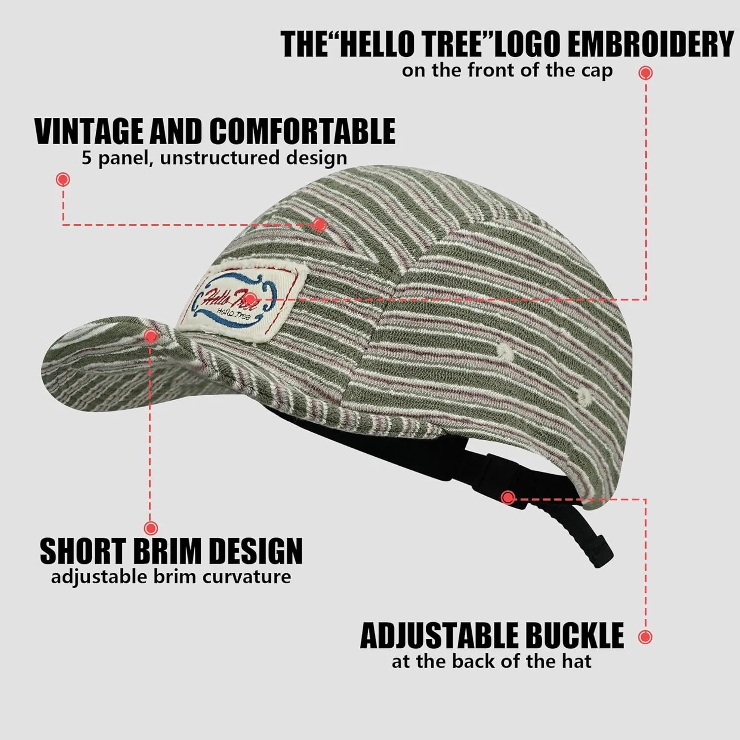 Croogo Short Brim 5 Panel Hat Vintage Striped Style Unisex Baseball Cap with Flat Bill Unstructured Low Profile Hat