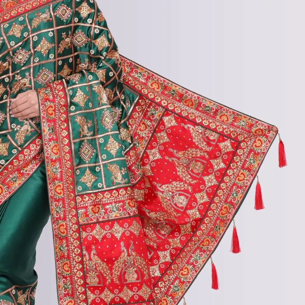 Designer Indian Wedding Sari in Green and Red