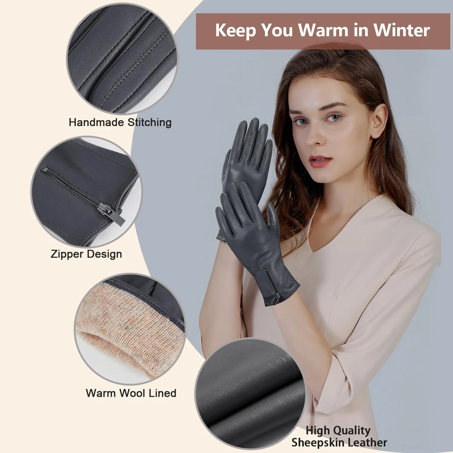 FIORETTO Womens Genuine Leather Gloves with Wool Lined Touchscreen Sheepskin Winter Warm Gloves W23006