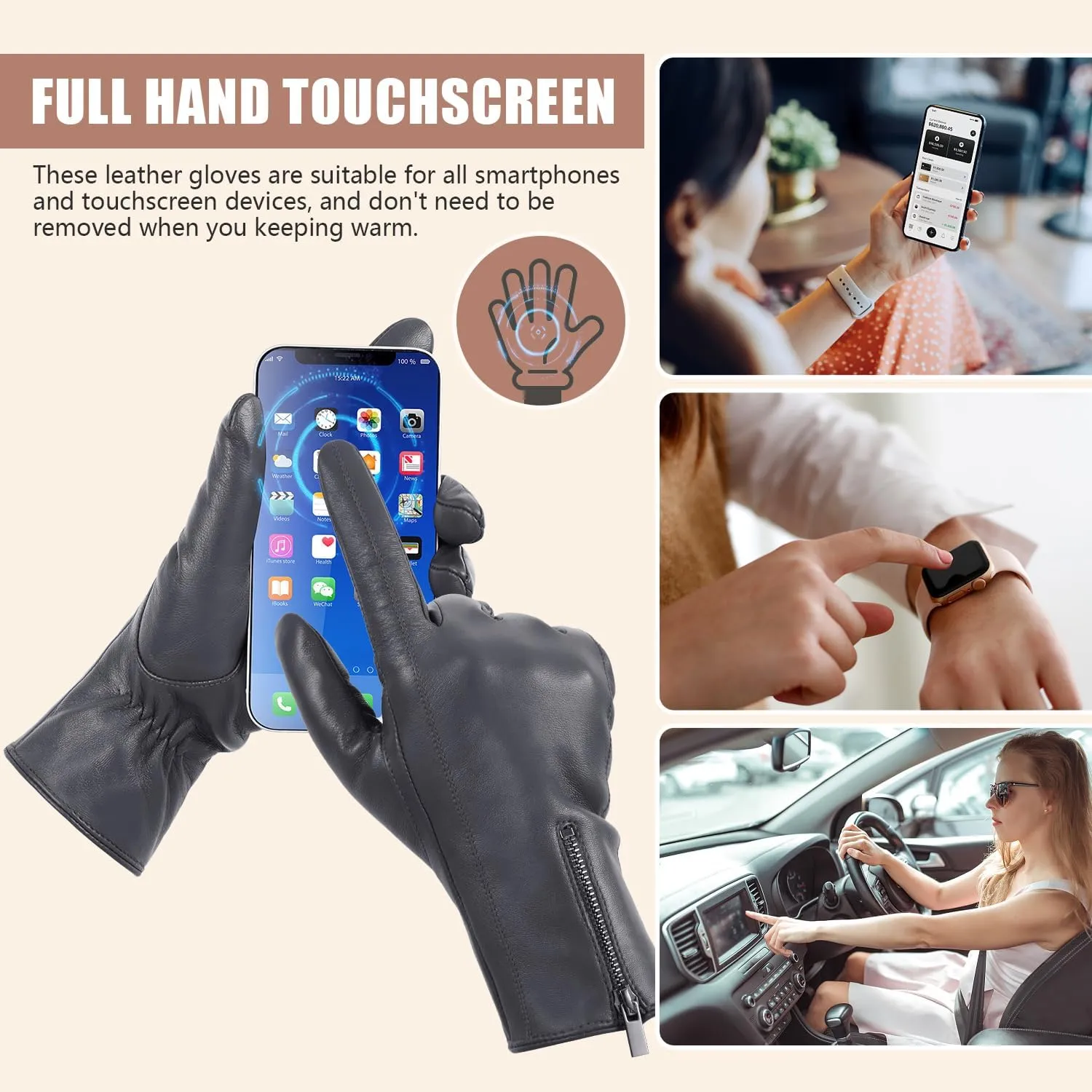 FIORETTO Womens Genuine Leather Gloves with Wool Lined Touchscreen Sheepskin Winter Warm Gloves W23006