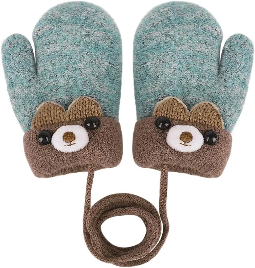 Greenery-GRE Kids Toddler Mittens with String Cartoon Winter Knit Warm Fleece Lined Snow Gloves for Baby Girls Boys 0-6 Y