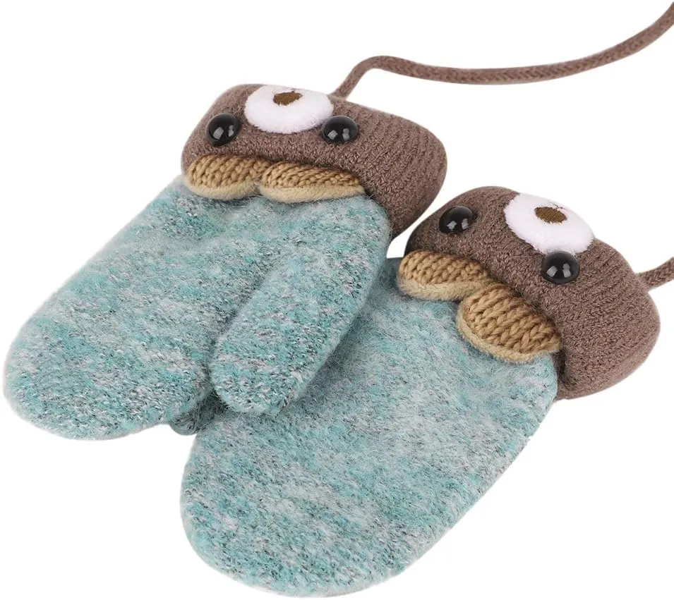 Greenery-GRE Kids Toddler Mittens with String Cartoon Winter Knit Warm Fleece Lined Snow Gloves for Baby Girls Boys 0-6 Y