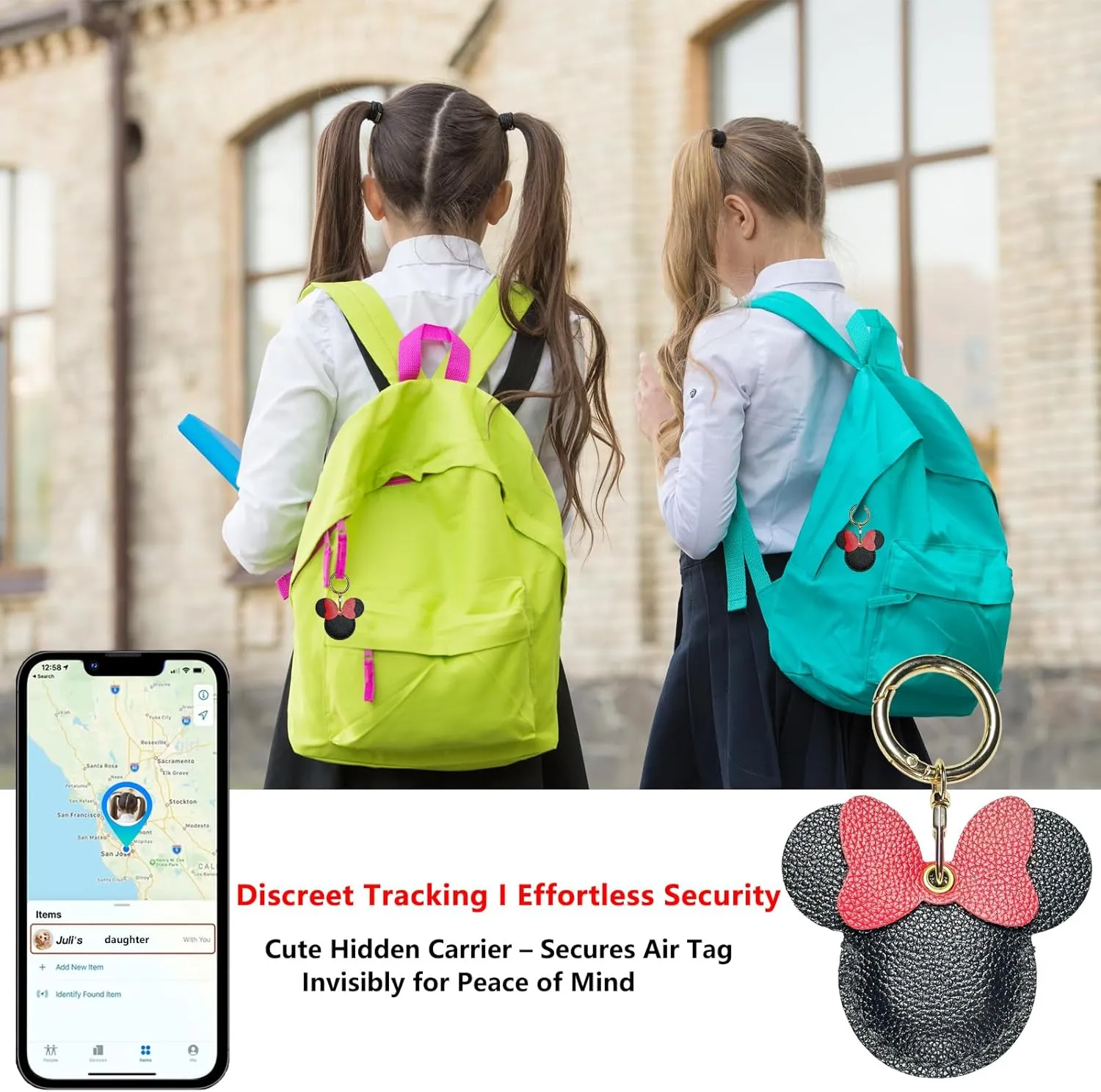Handmade Genuine Leather Air Tag Holder - Cute Cartoon Keychain for Kids, Pets & Luggage, Durable Anti-Scratch Cover with Hidden Tracker Design, Gift-Ready Black (Compatible with Apple Air Tag)
