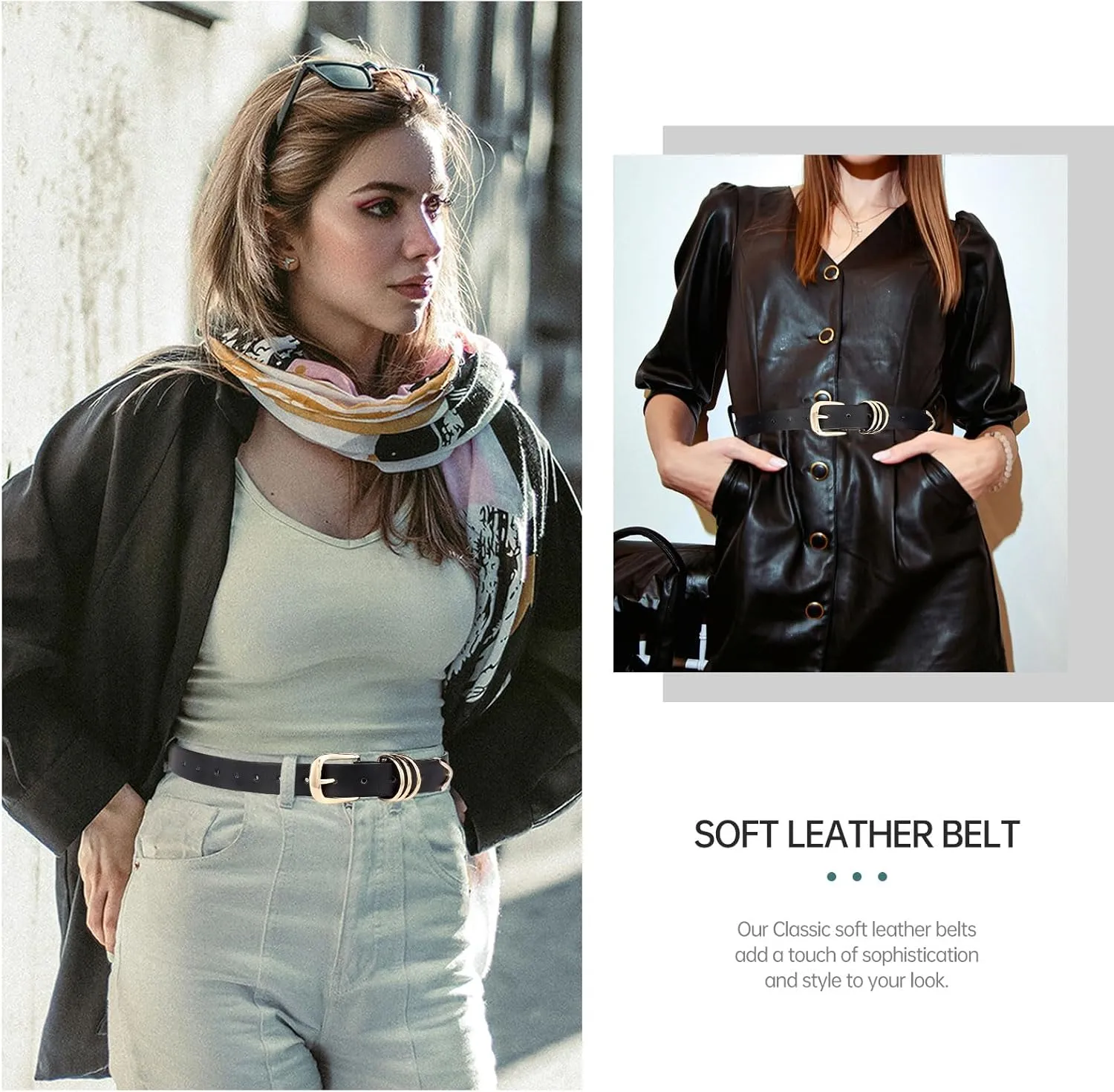 Long Keeper Women Leather Belt Fashion Ladies Waist Belt for Pants Jeans Dresses With Gold Buckle Vegan Leather Casual Belt