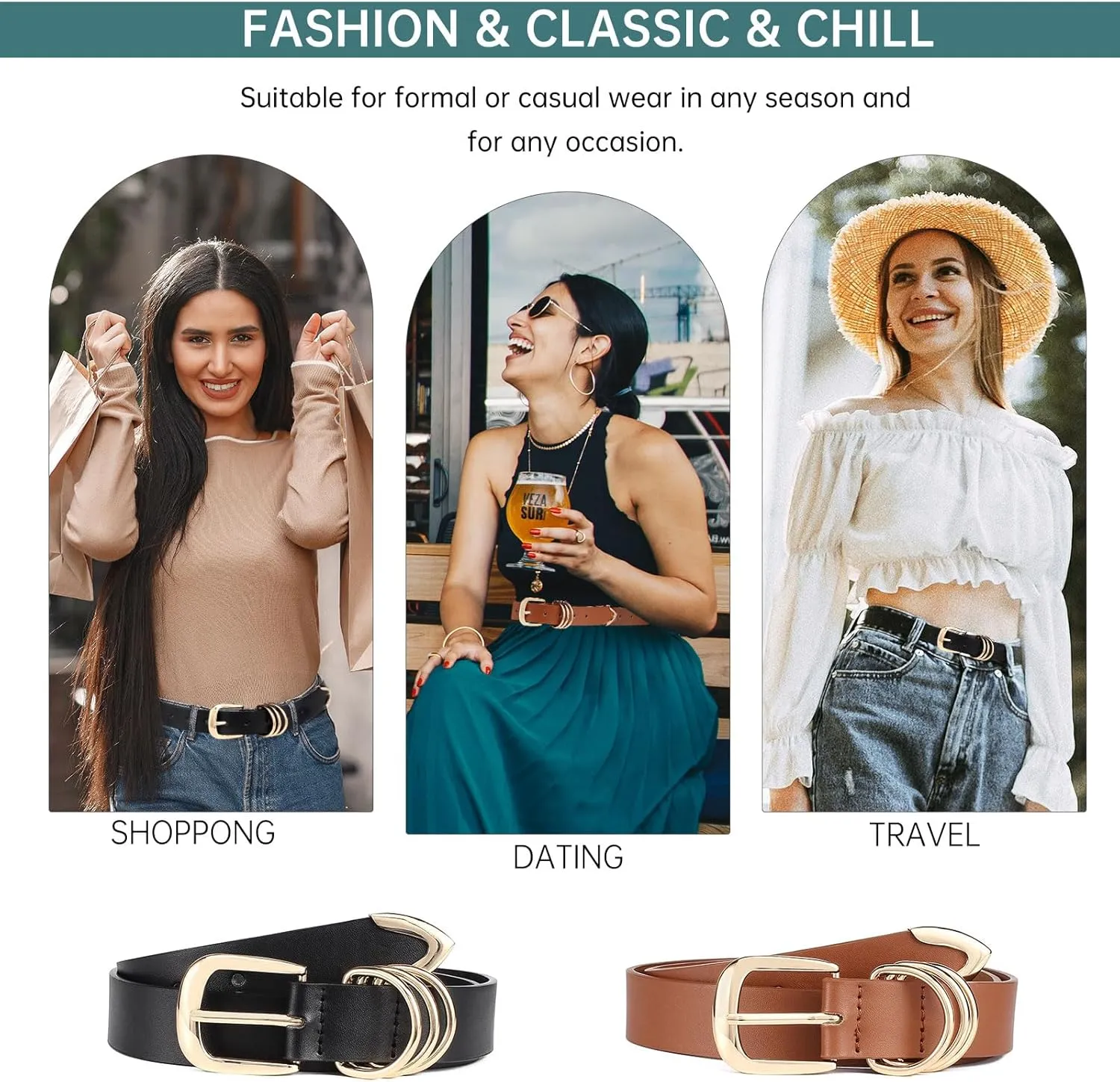 Long Keeper Women Leather Belt Fashion Ladies Waist Belt for Pants Jeans Dresses With Gold Buckle Vegan Leather Casual Belt