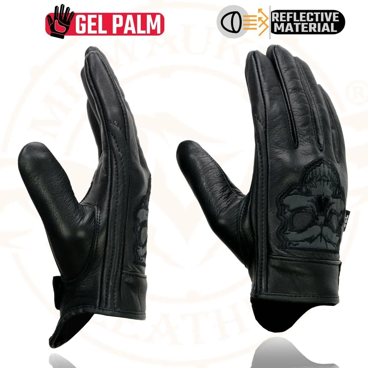 Milwaukee Leather Men's Black Leather Reflective Skull Motorcycle Hand Gloves W/Gel Padded Palm MG7570