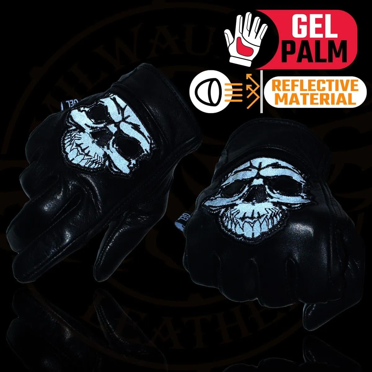 Milwaukee Leather Men's Black Leather Reflective Skull Motorcycle Hand Gloves W/Gel Padded Palm MG7570