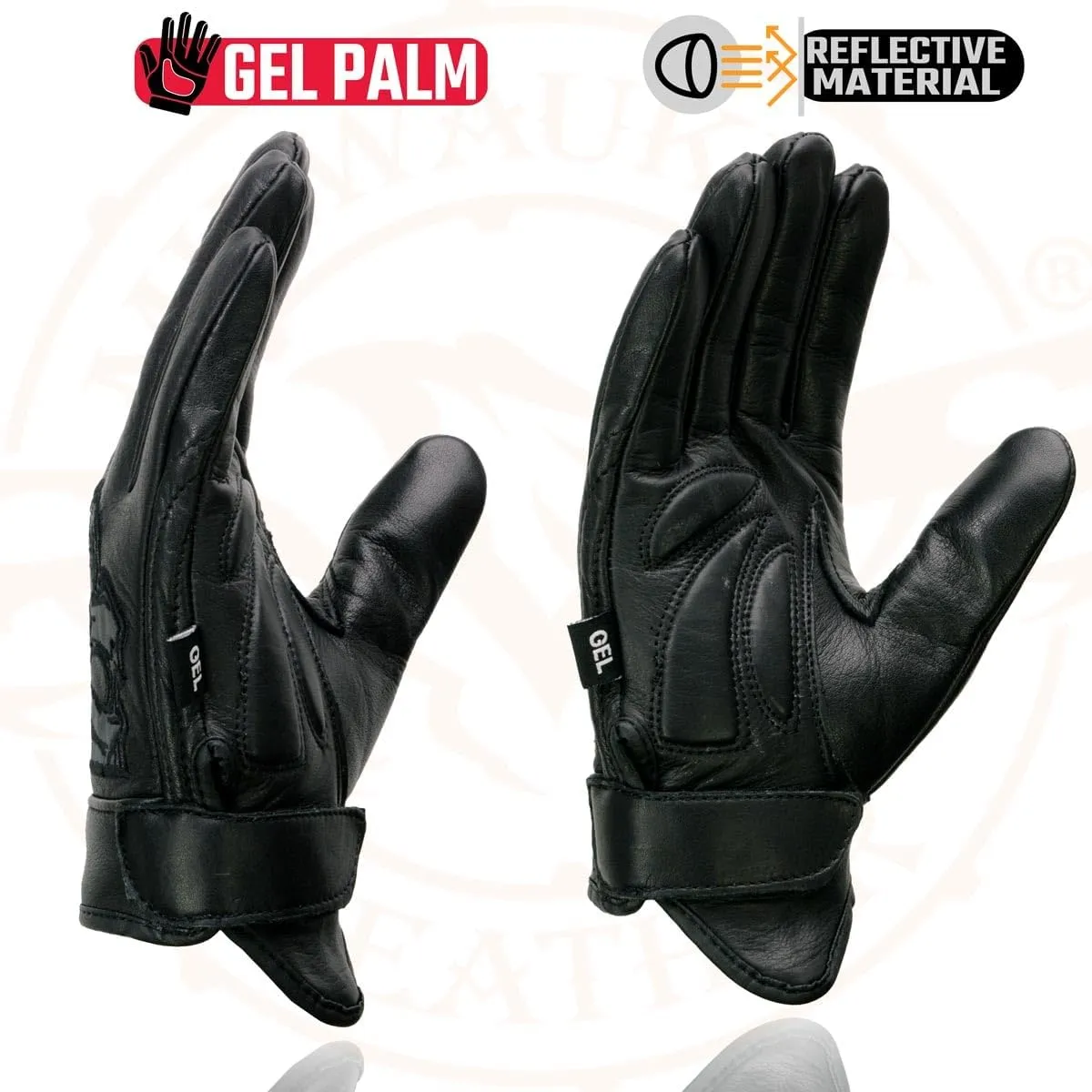 Milwaukee Leather Men's Black Leather Reflective Skull Motorcycle Hand Gloves W/Gel Padded Palm MG7570