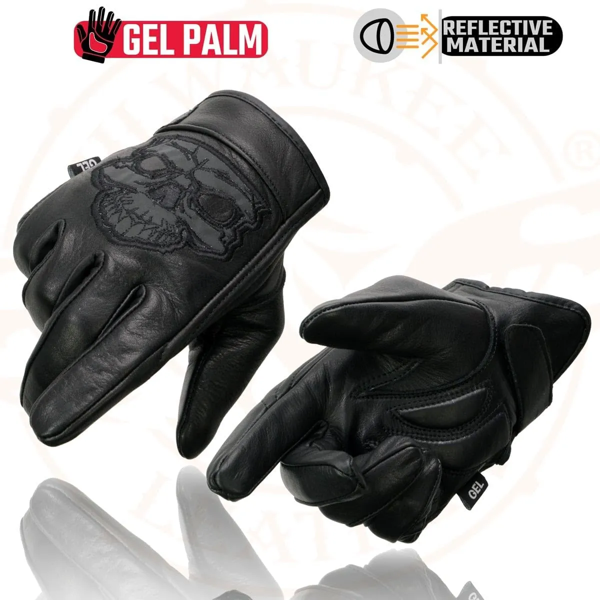 Milwaukee Leather Men's Black Leather Reflective Skull Motorcycle Hand Gloves W/Gel Padded Palm MG7570