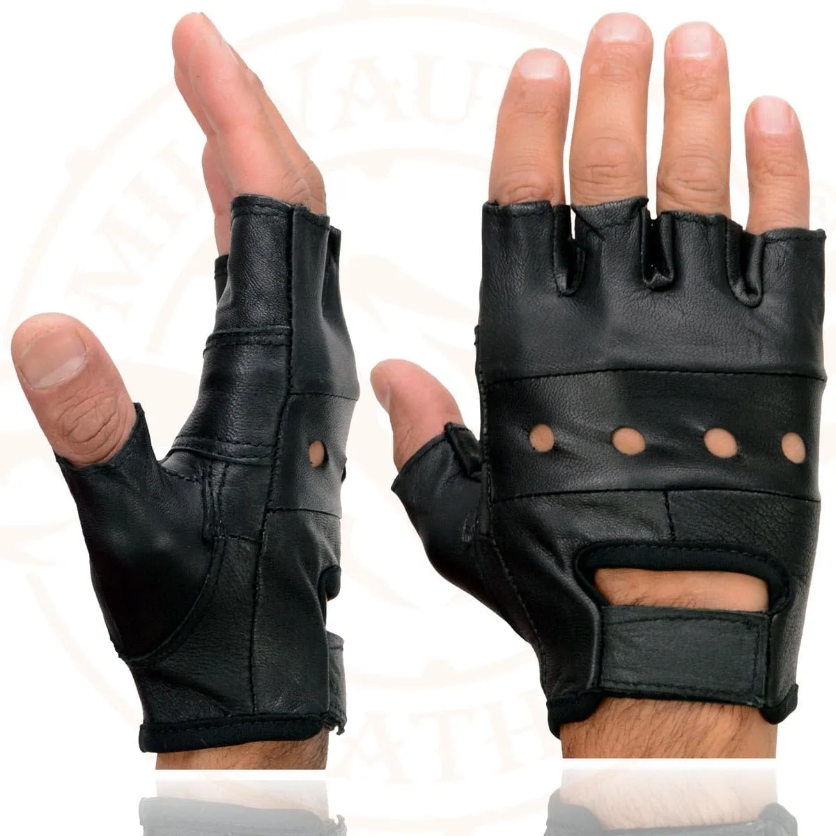 Milwaukee Leather SH216 Men's Black Leather Gel Padded Palm Fingerless Motorcycle Hand Gloves W/Breathable Open Knuckle