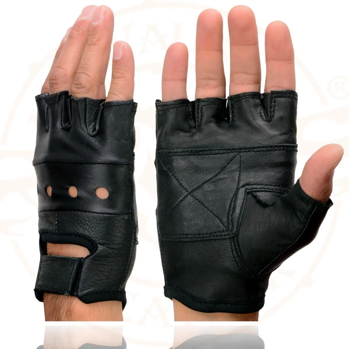 Milwaukee Leather SH216 Men's Black Leather Gel Padded Palm Fingerless Motorcycle Hand Gloves W/Breathable Open Knuckle