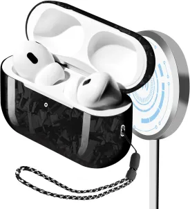 MONOCARBON Real Carbon Fiber Case for Airpods Pro 2nd Generation with Lanyard,AntiScratch Slim Protective Hard Cover for Airpods Pro 2 Compatible with Magsafe Wireless Charging-Forged Glossy Black