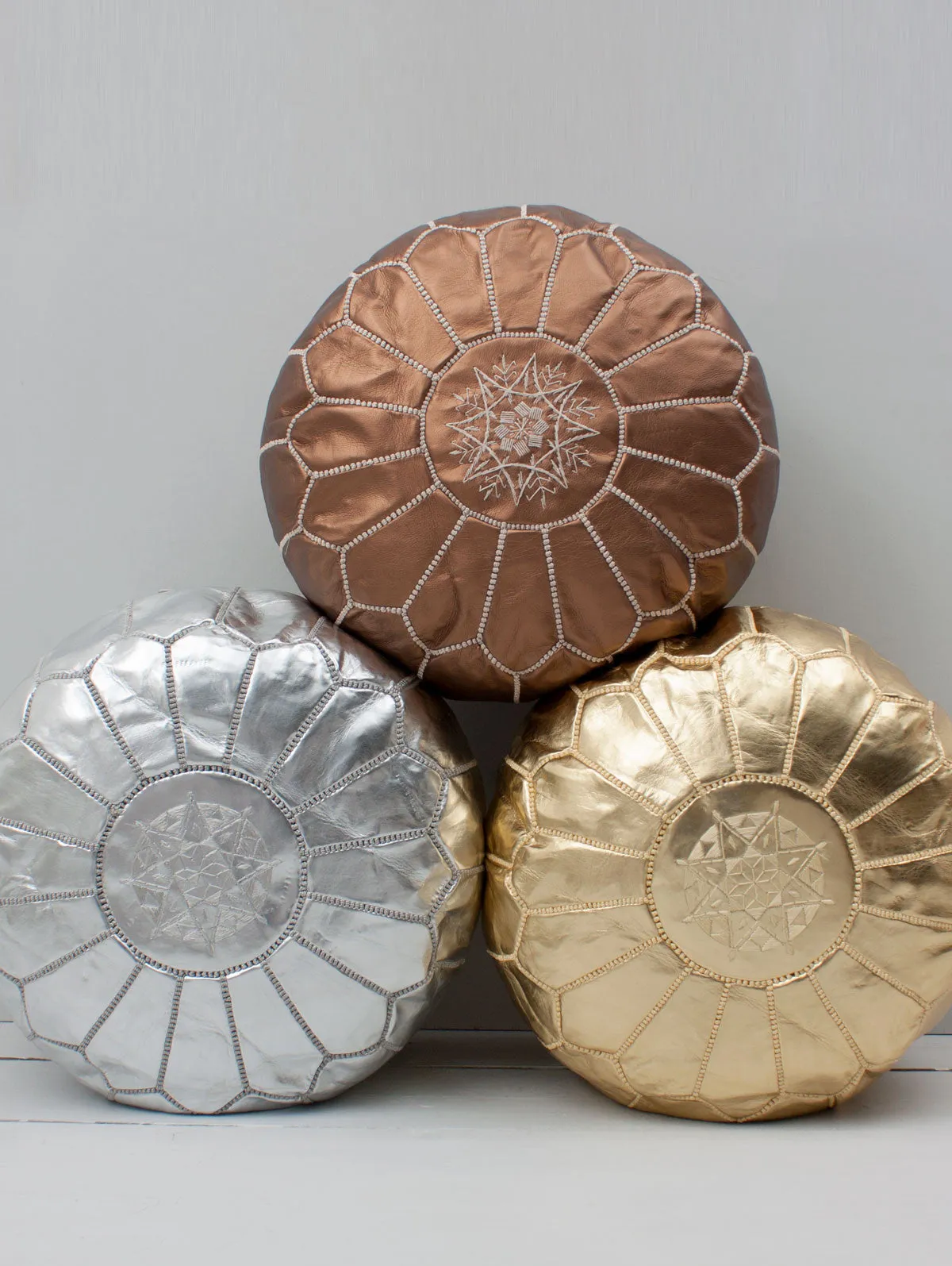 Moroccan Faux Leather Pouffe, Silver