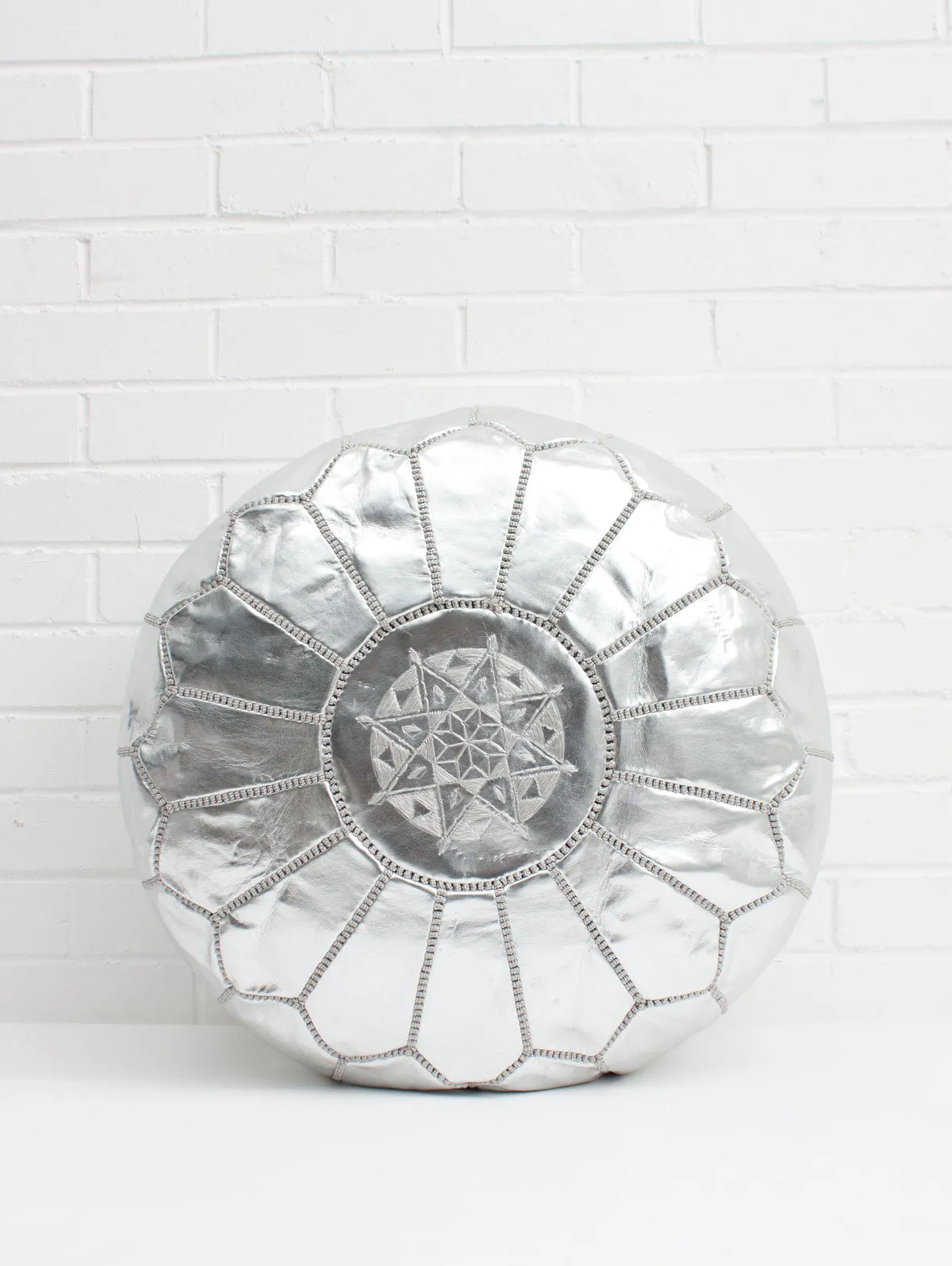 Moroccan Faux Leather Pouffe, Silver
