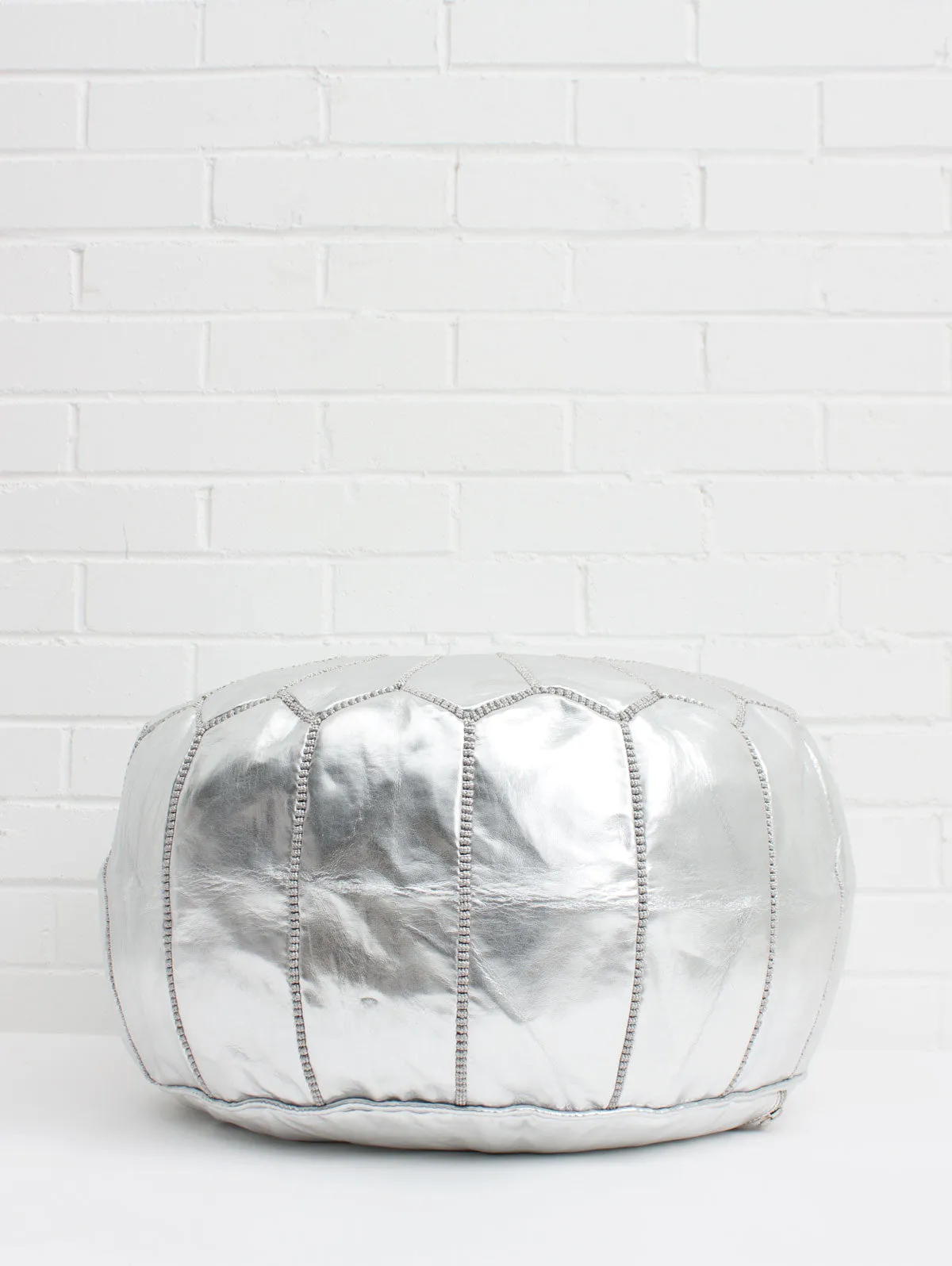 Moroccan Faux Leather Pouffe, Silver
