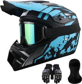 Motorcycle Dirt Bike Helmet Full Face Motocross Helmets for Outdoor Sports Off Road Racing Mountain Bike Men Women Off-Road Helmet Gloves Goggles for Adult Youth DOT/FMVSS 218 Approve