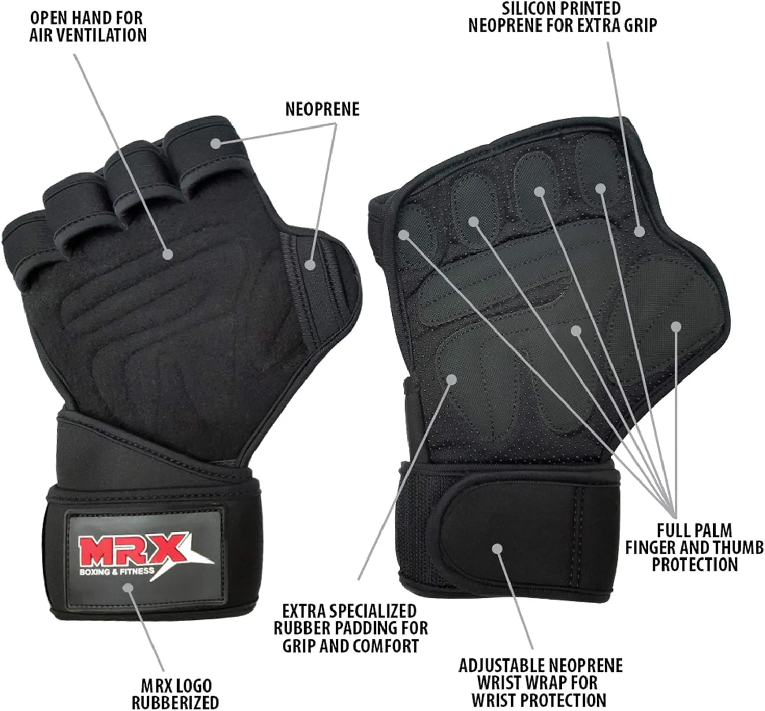 MRX BOXING & FITNESS Workout Gloves for Men and Women Ventilated Weight Lifting Gloves with Wrist Wraps Sticky Palm Protection with Extra Grip Gym Gloves for Exercise Pull Ups, Cross Training