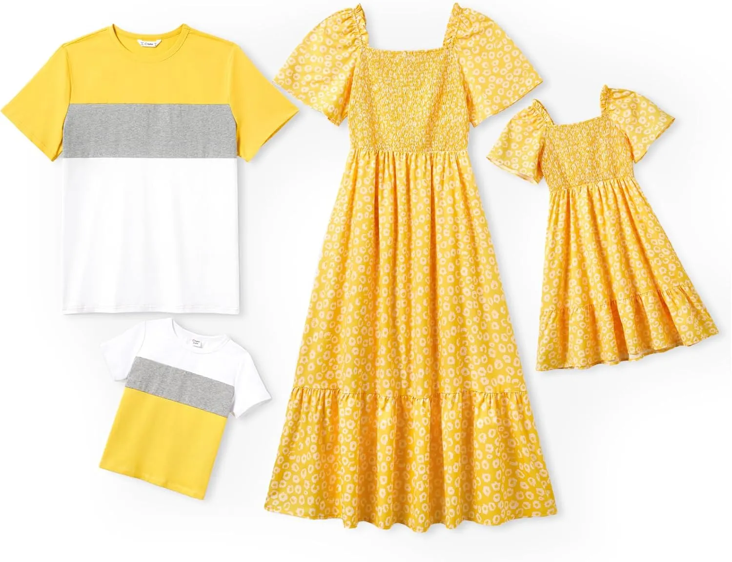 PATPAT Family Matching Outfits Boho Floral Print Square Neck Puff Sleeve Smocked Dress and Short Sleeve T-Shirts Matching Set