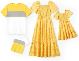 PATPAT Family Matching Outfits Boho Floral Print Square Neck Puff Sleeve Smocked Dress and Short Sleeve T-Shirts Matching Set