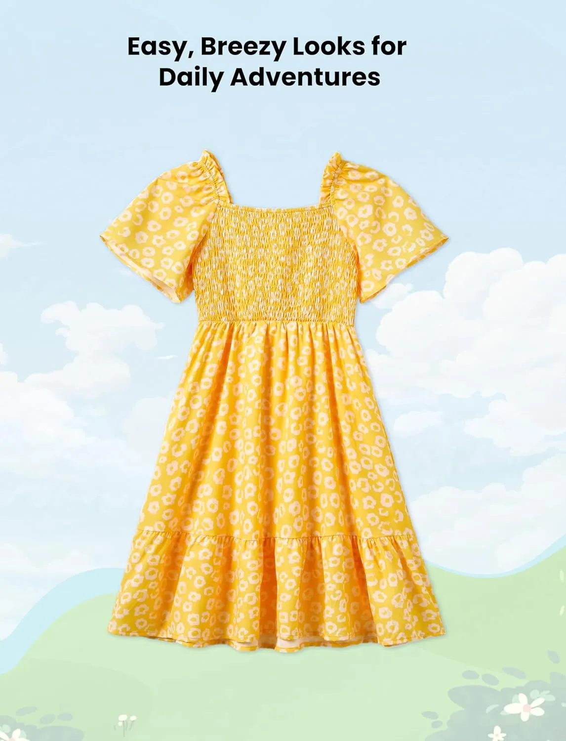 PATPAT Family Matching Outfits Boho Floral Print Square Neck Puff Sleeve Smocked Dress and Short Sleeve T-Shirts Matching Set
