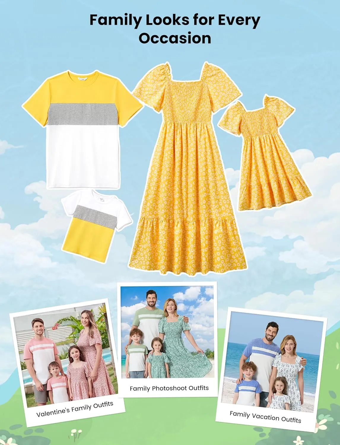 PATPAT Family Matching Outfits Boho Floral Print Square Neck Puff Sleeve Smocked Dress and Short Sleeve T-Shirts Matching Set