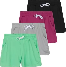 Real Essentials 4 Pack: Girls Athletic Performance Dry-Fit Running Shorts with Drawstring & Pockets