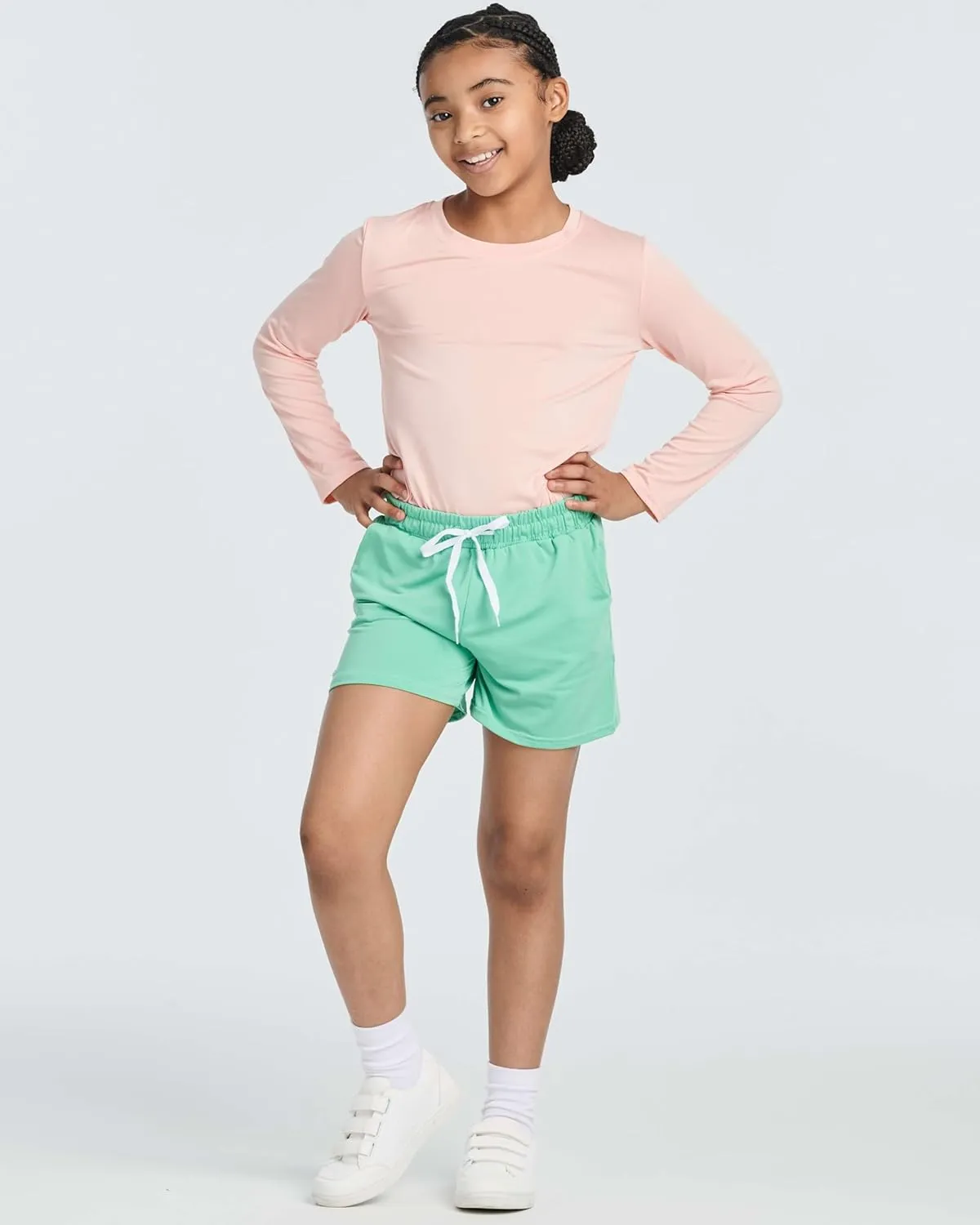 Real Essentials 4 Pack: Girls Athletic Performance Dry-Fit Running Shorts with Drawstring & Pockets