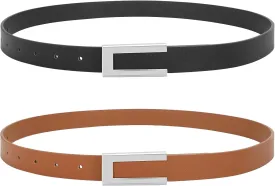 SANSTHS 2 Pack Skinny Leather Belts for Women, Ladies Thin Waist Belt for Dresses Jeans Pants with Gold Buckle