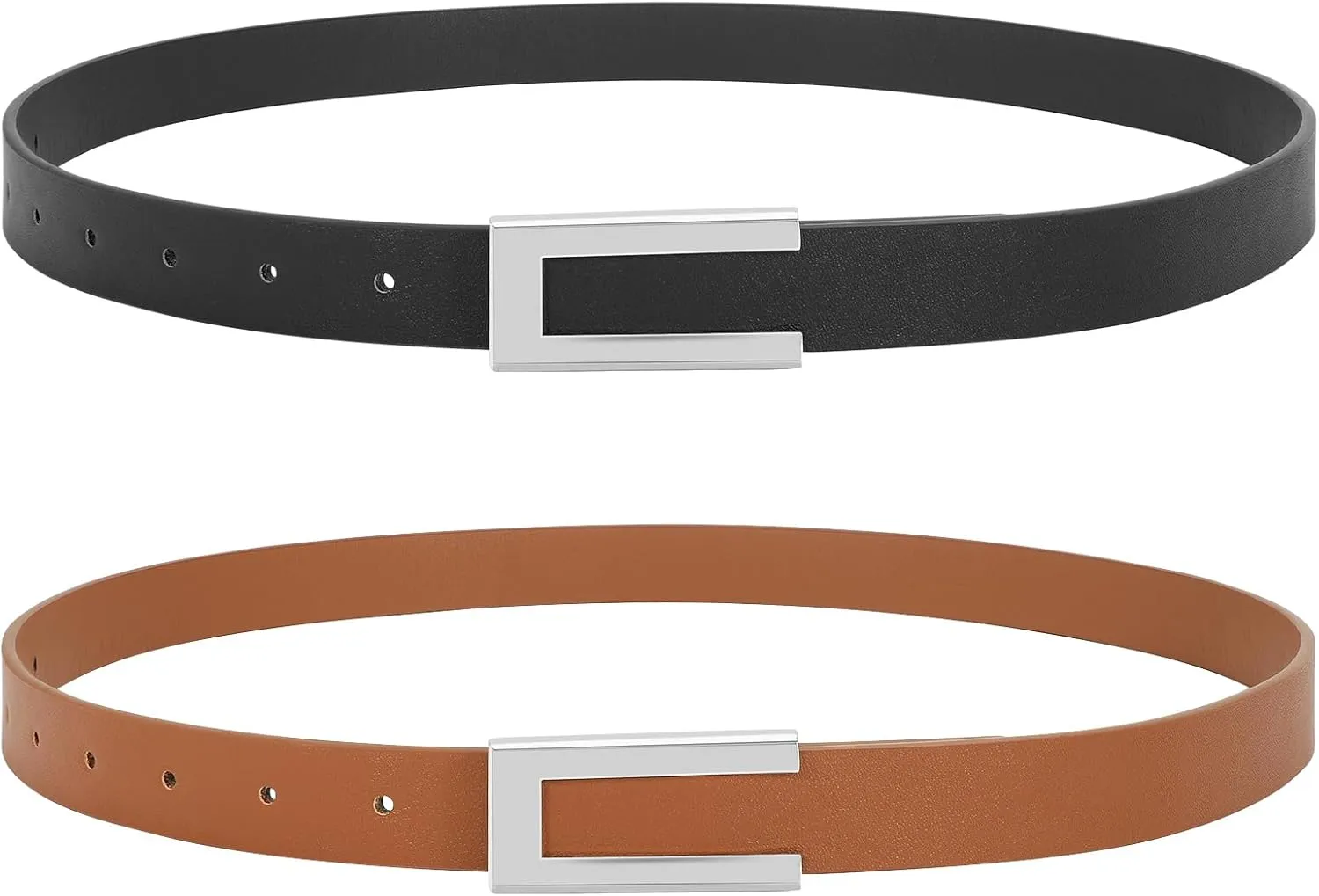 SANSTHS 2 Pack Skinny Leather Belts for Women, Ladies Thin Waist Belt for Dresses Jeans Pants with Gold Buckle