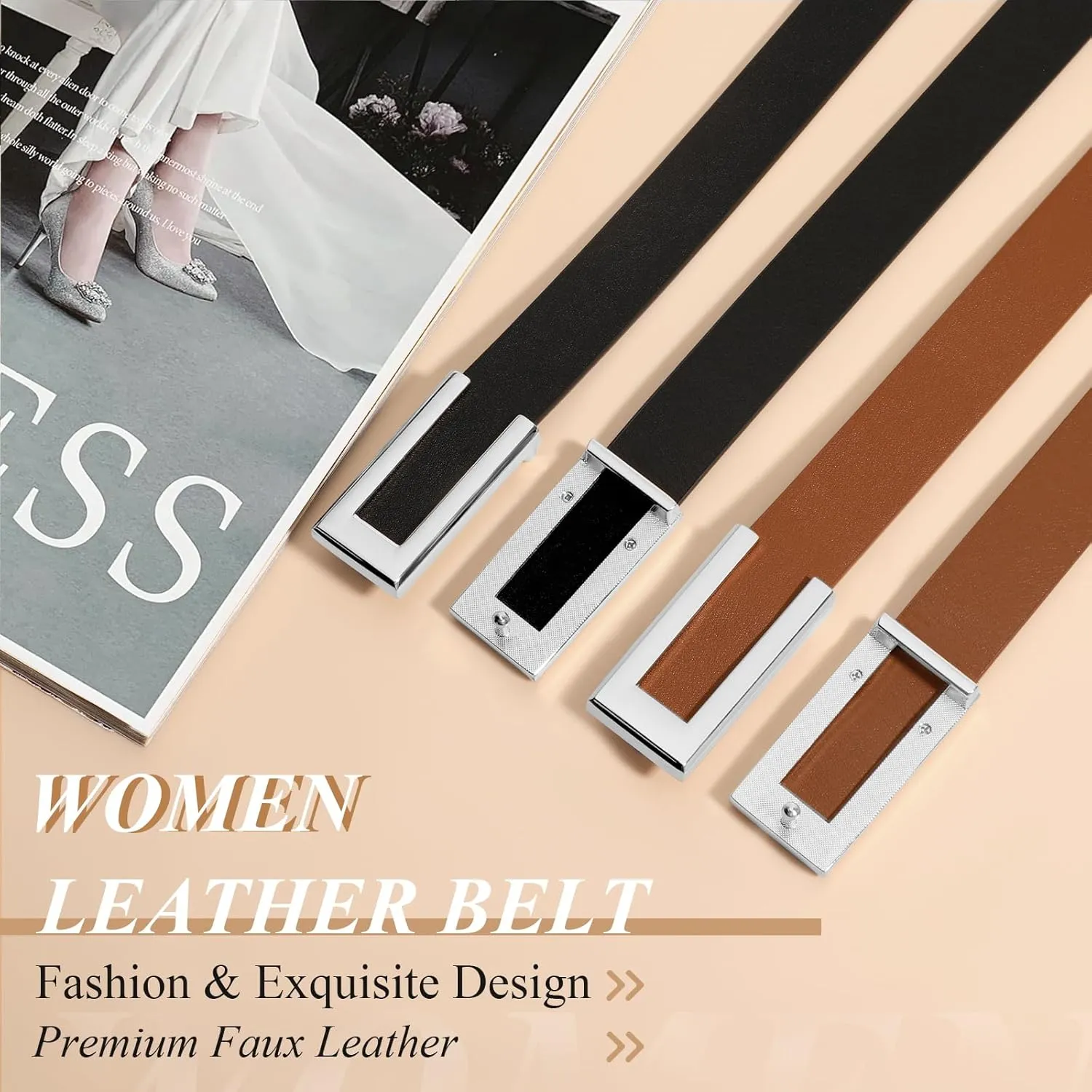 SANSTHS 2 Pack Skinny Leather Belts for Women, Ladies Thin Waist Belt for Dresses Jeans Pants with Gold Buckle