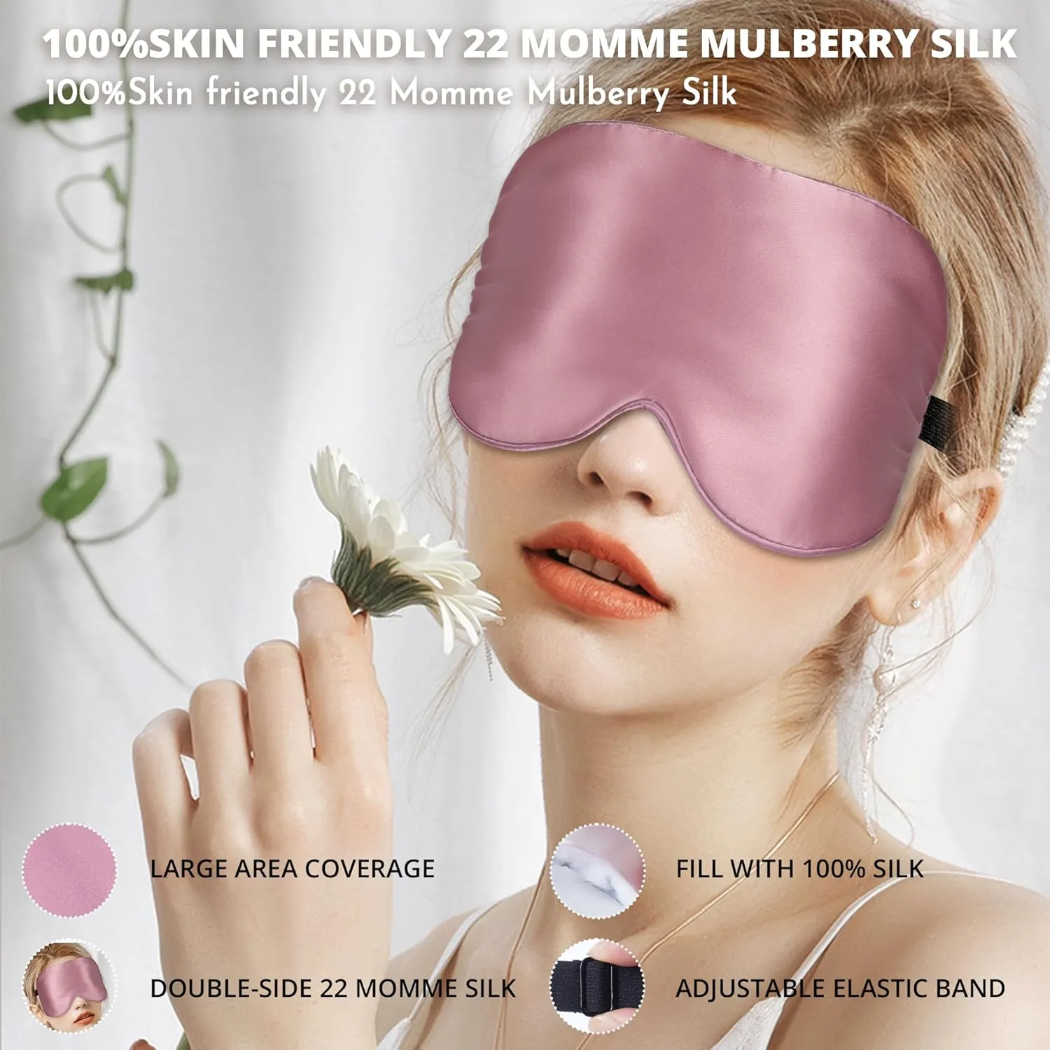 Silk Sleep Mask 100% 22 Momme Mulberry, Sleep Eye Mask for Women Men, Blackout Blindfold with Adjustable Strap, Side Sleeper Eye Cover, Soft Eyeshade Filled with Premium Mulberry Silk (Pink)