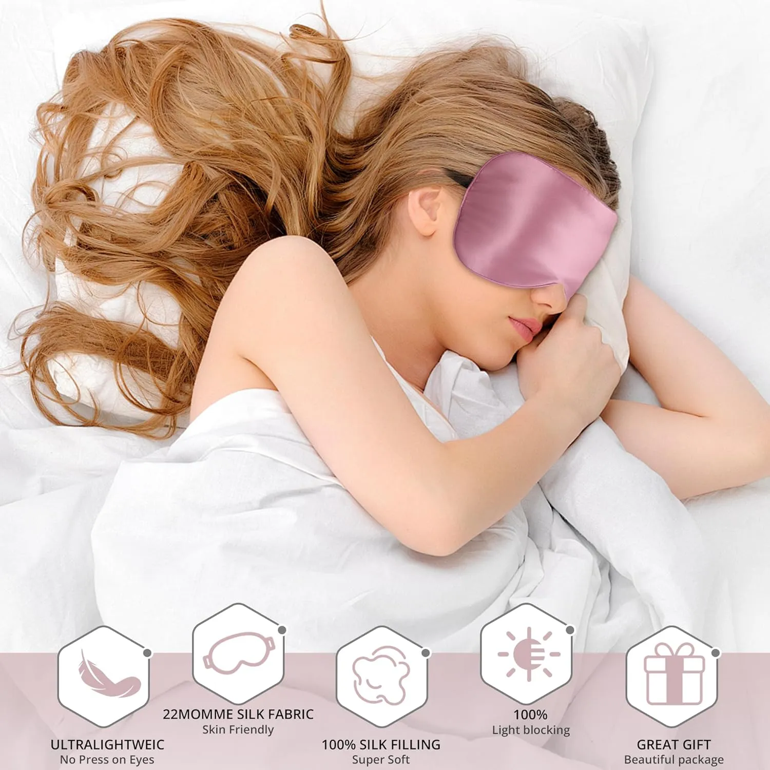 Silk Sleep Mask 100% 22 Momme Mulberry, Sleep Eye Mask for Women Men, Blackout Blindfold with Adjustable Strap, Side Sleeper Eye Cover, Soft Eyeshade Filled with Premium Mulberry Silk (Pink)